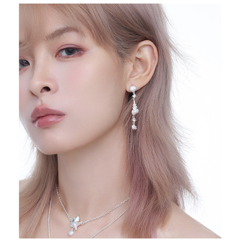 Asymmetrical tidal star shell long earrings, a light luxury, niche, sweet, cool, fashionable, versatile and high-end fringed ear accessory for women pic 9