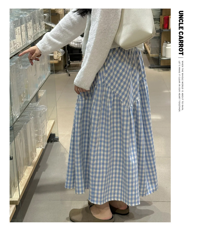 Retro blue checkered skirt for women in summer 2025. Petite, high-waisted, irregular mid-length, patchwork A-line skirt pic 6