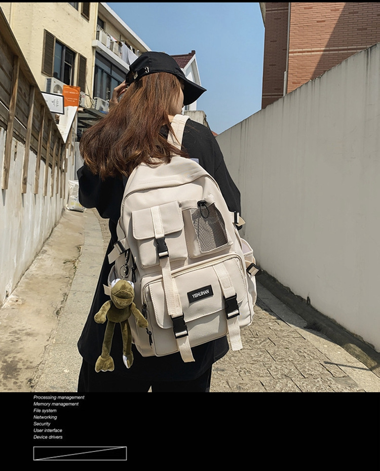 休闲百搭男女双肩包可爱挂件洋气潮流学生书包大容量工装风背包详情3