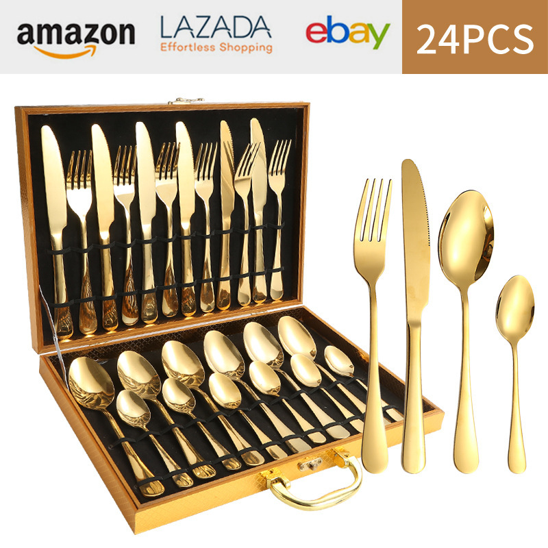 亚马逊1010不锈钢餐具24件餐具套装金色刀叉勺四主件跨境礼盒套装详情22