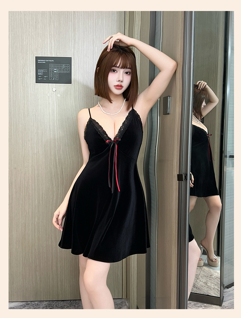 Retro velvet pearl chain backless nightgown for women, sexy deep V lace bow, multi-color home wear 987 pic 11