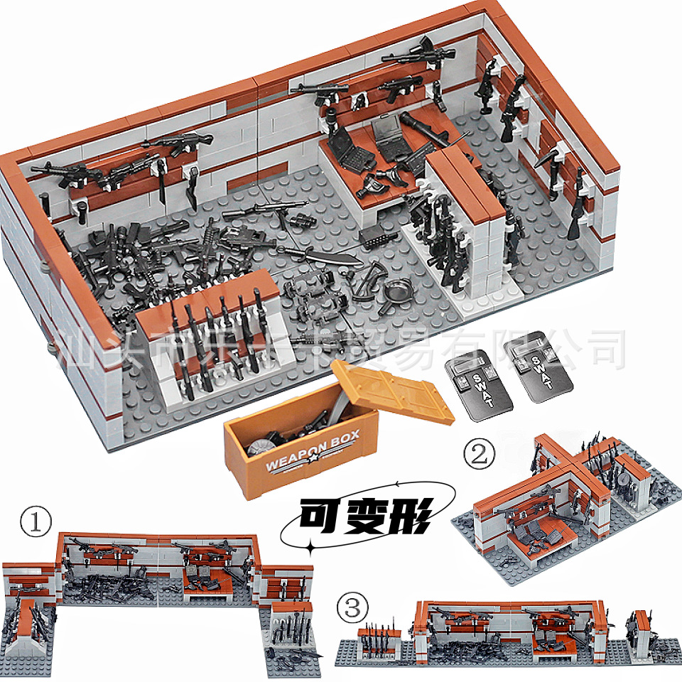 跨境兼容军事积木变形武器库装备展示架军火库枪械配件拼装玩具详情1