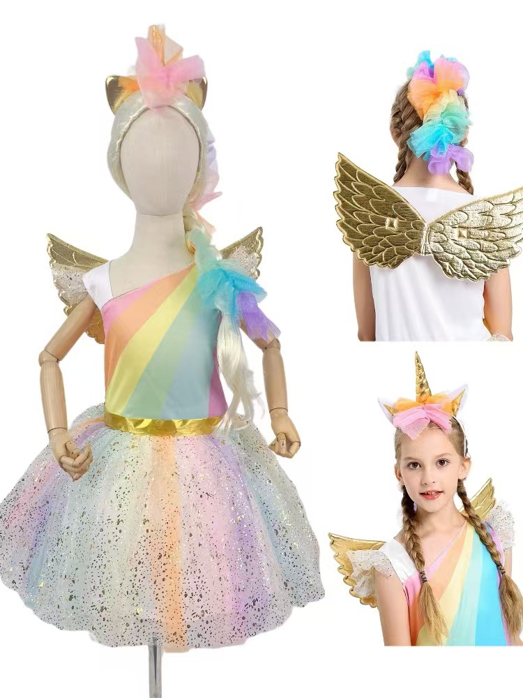 儿童演出服万圣节cosplay服装独角兽连衣裙子舞台表演彩虹详情1