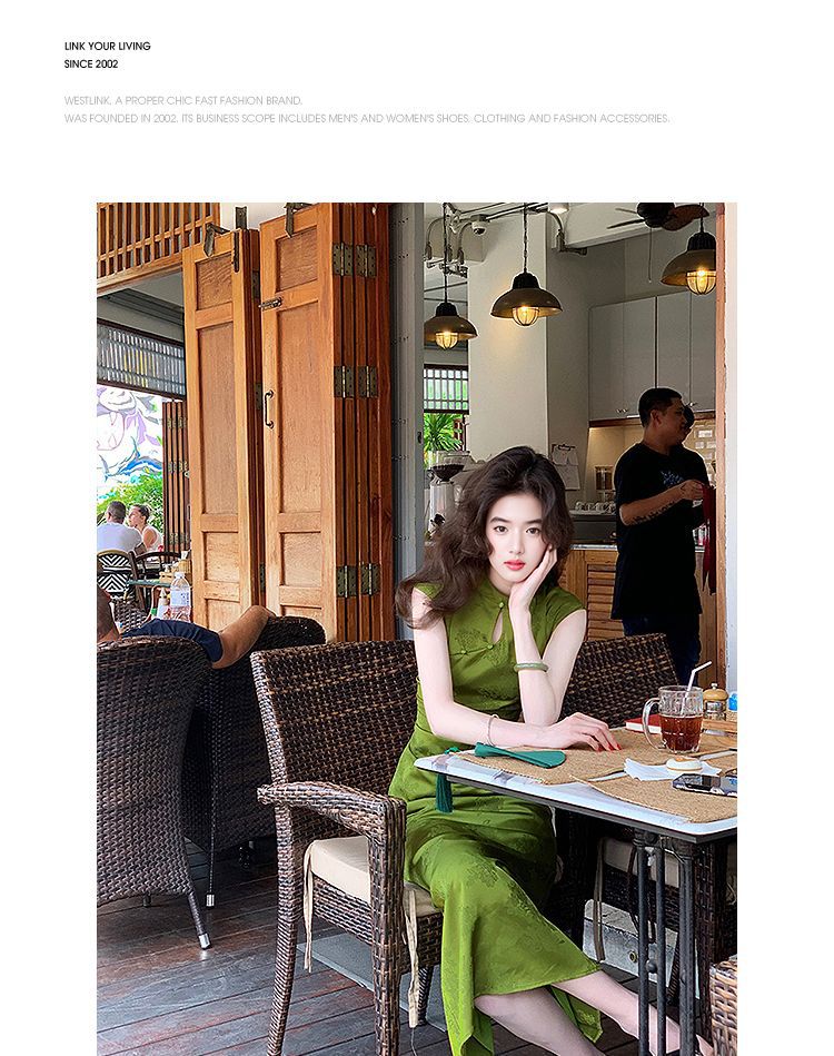 西遇新中式改良旗袍女2025年夏季新款提花水滴领修身无袖连衣裙详情5