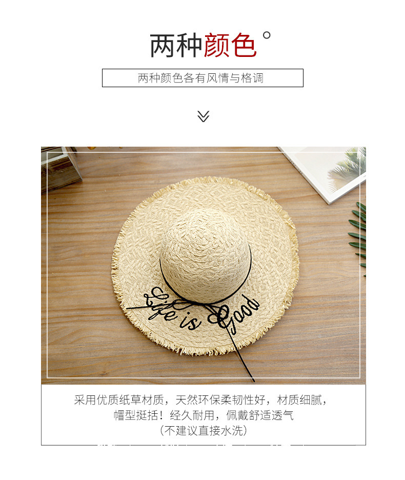 帽子女夏季字母刺绣毛边大沿沙滩太阳帽出游海边度假防晒遮阳草帽详情3