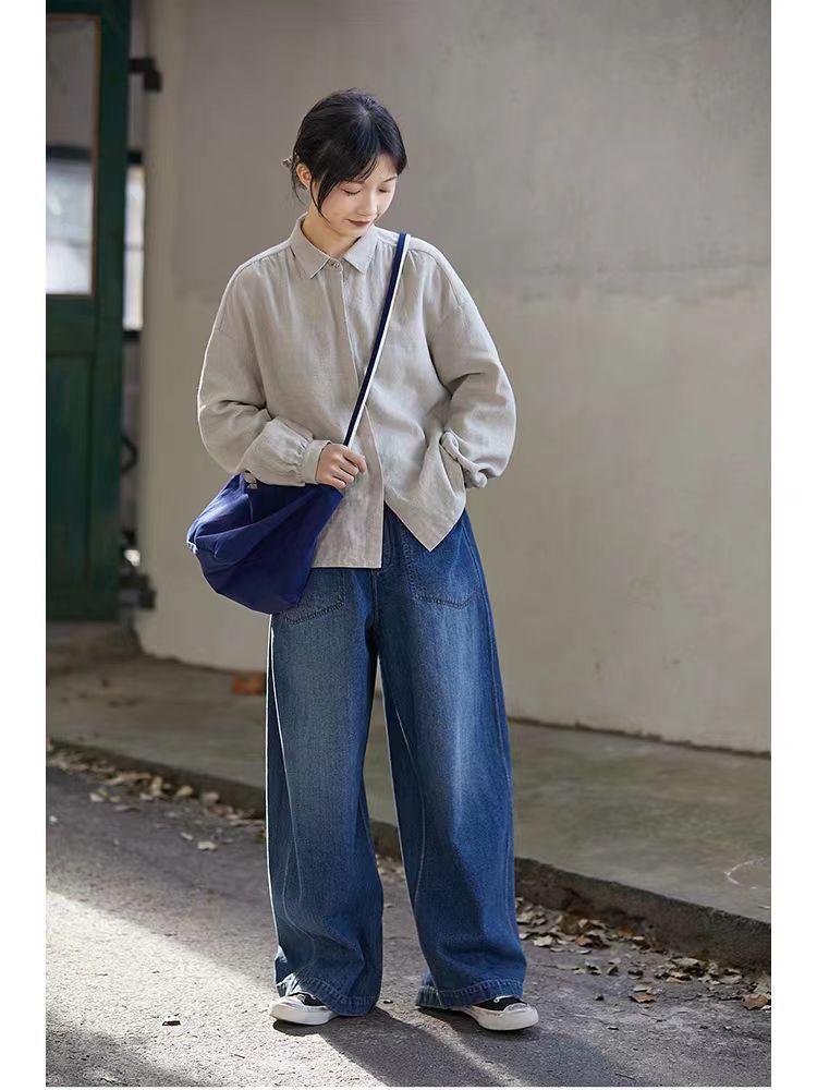 2025新款秋冬海蓝色纯棉加厚宽松休闲文艺阔腿裤松紧腰弯刀牛仔裤详情12