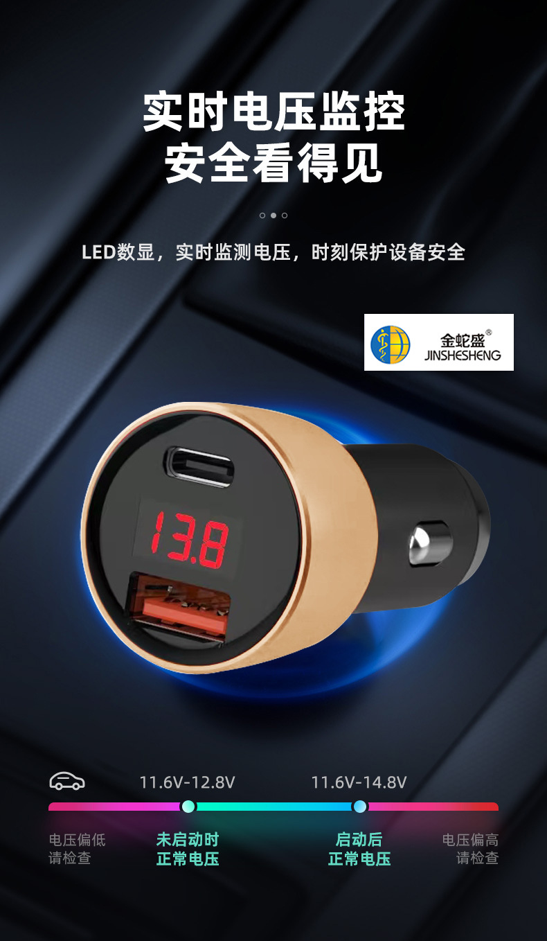 车载充电器LED数显大功率超级快充点烟插头车充USB+TYPEC充电头详情7