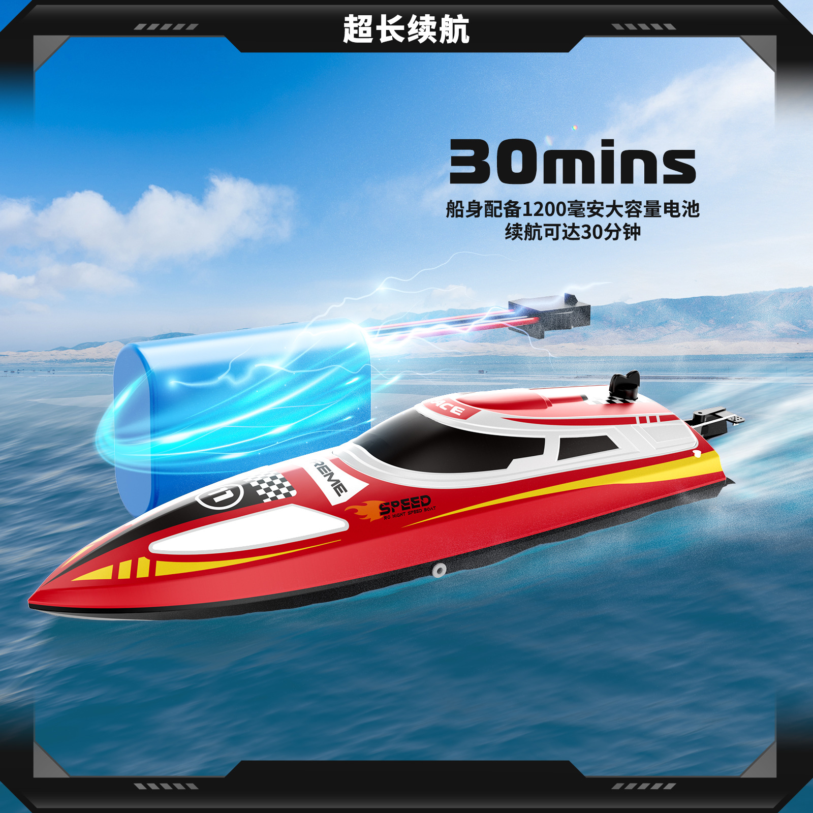 跨境30KM/H高速竞技2.4G快艇玩具三挡调速定速巡航RC遥控船带灯光详情7