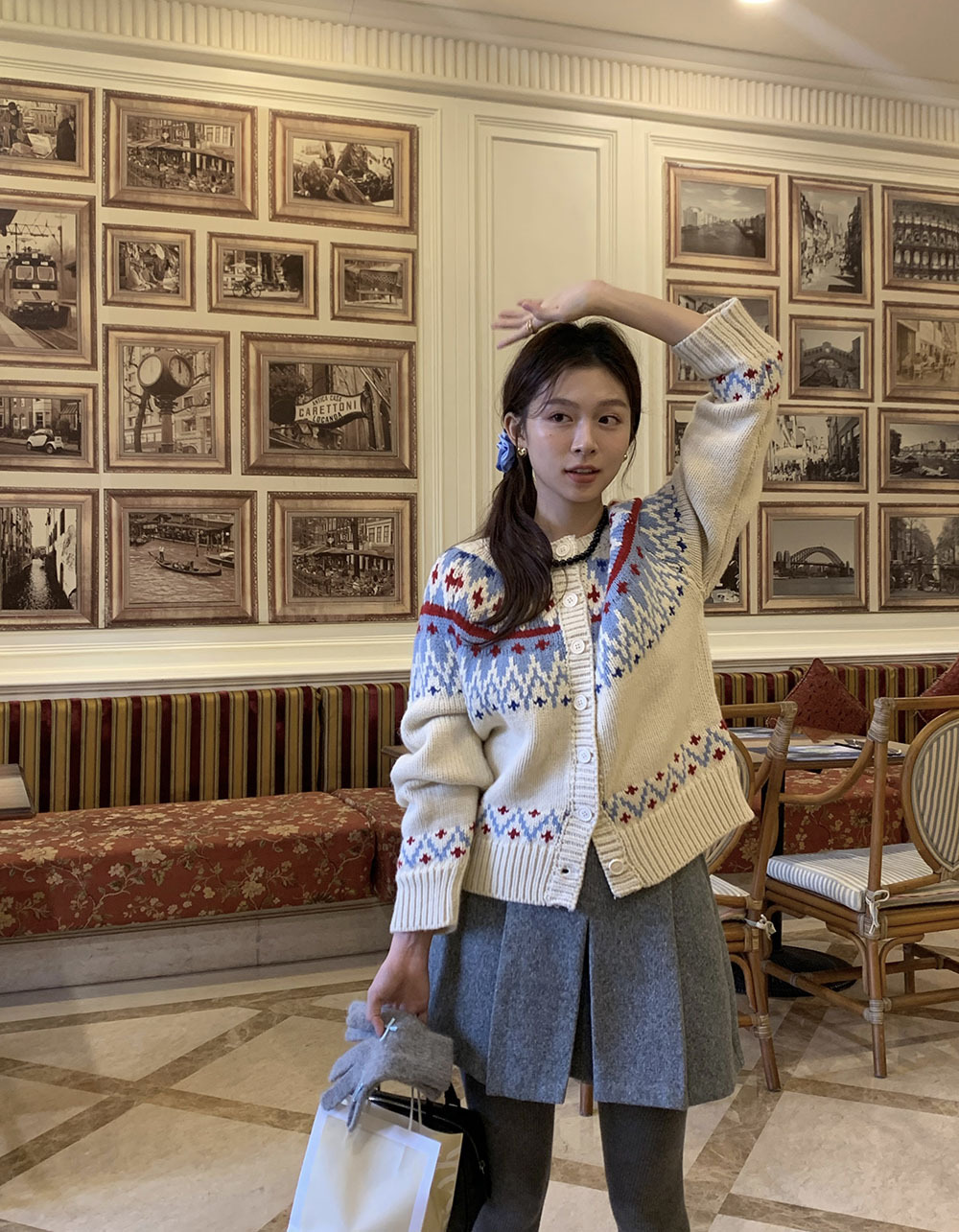 费尔岛复古美式少女撞色波普提花单排扣针织开衫厚实保暖毛衣外套详情53