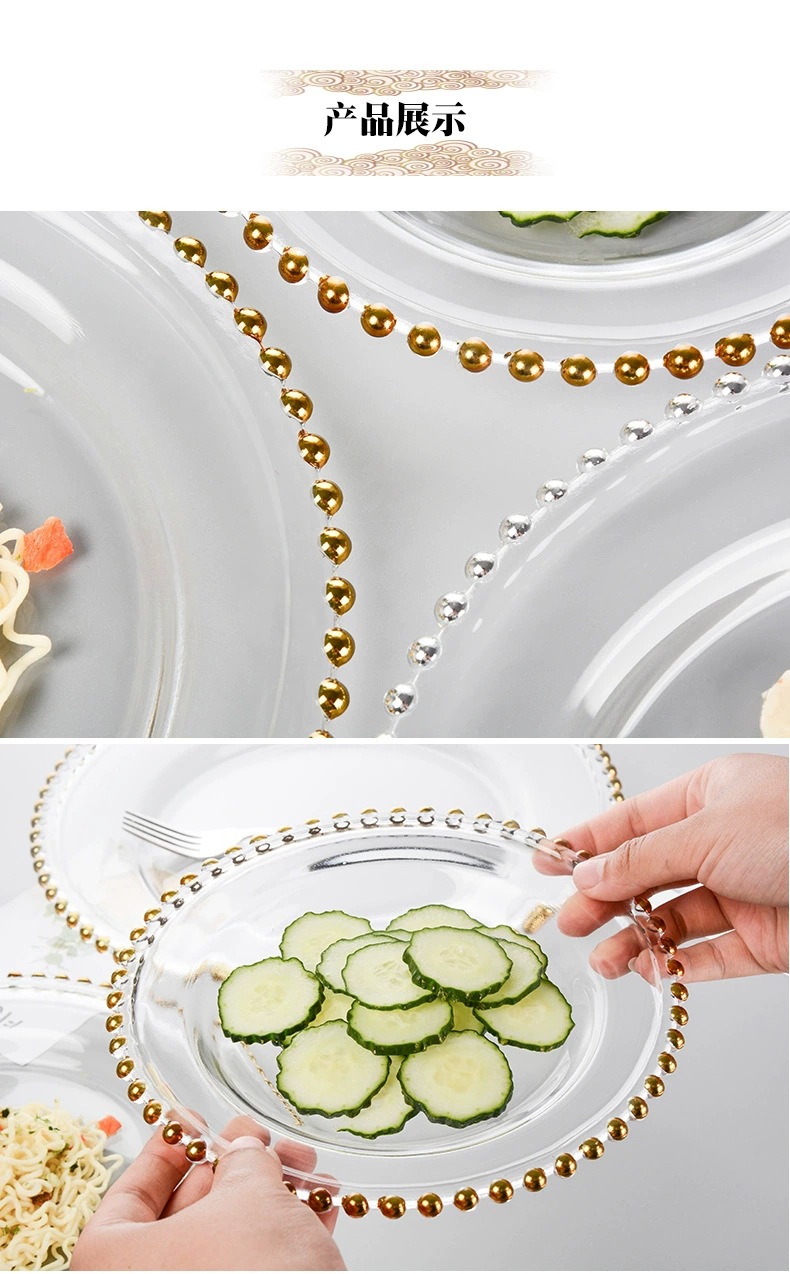 Qixian Pearl Dot glass plates, European-style creative gold and silver pearl Western dinner plates, base plates, electroplated dinner plates, glass round plates pic 11