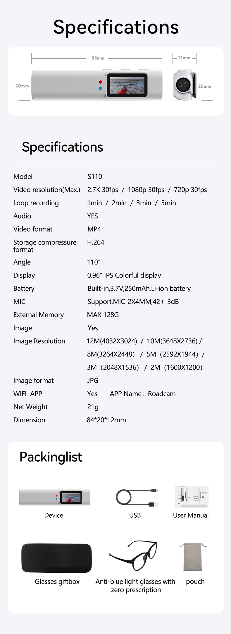The new glasses action camera 1080P with WIFI view, video, DV, cycling and travel recorder S110 pic 15