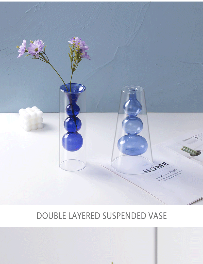Colored double-layer glass vase, flameless glass art aromatherapy bottle, transparent vase, hydroponic restaurant table decoration pic 13