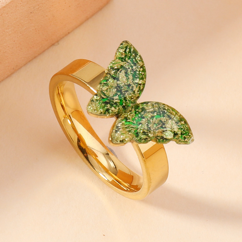 跨境新款时尚钛钢戒指滴彩色油蝴蝶情侣对戒小众精美风不锈钢饰品详情6