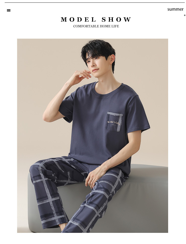 Summer pure cotton pajamas for men, cartoon casual short-sleeved shirts and long pants, pure cotton comfortable home wear, summer youth student set pic 39