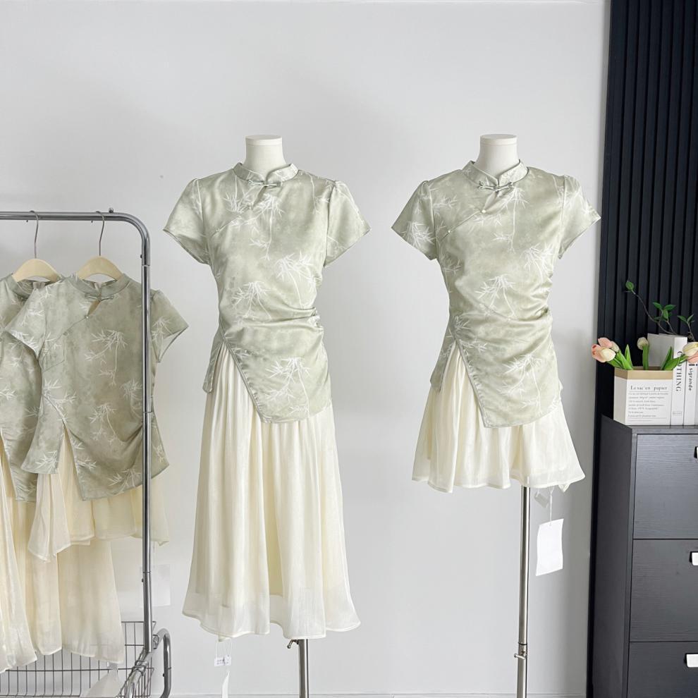 杨大卷国风假两件收腰连衣裙新中式绿色改良旗袍女不规则拼接清冷详情3