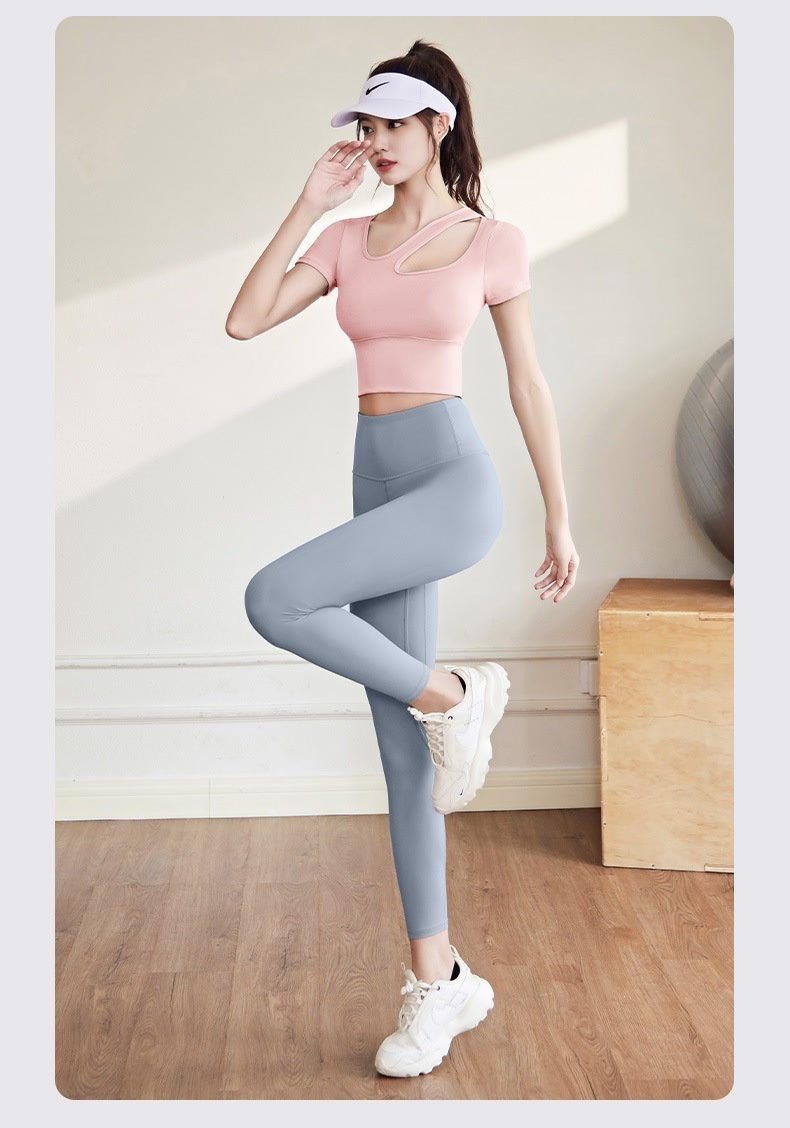New off-the-shoulder short-sleeved and long pants yoga wear set for women, breathable and slimming, running and exercise one-piece fitness wear pic 21