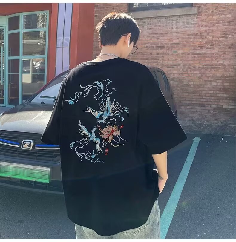 国潮中国风衣服白色纯棉短袖t恤男宽松大码凤凰潮牌重磅半袖夏季详情1