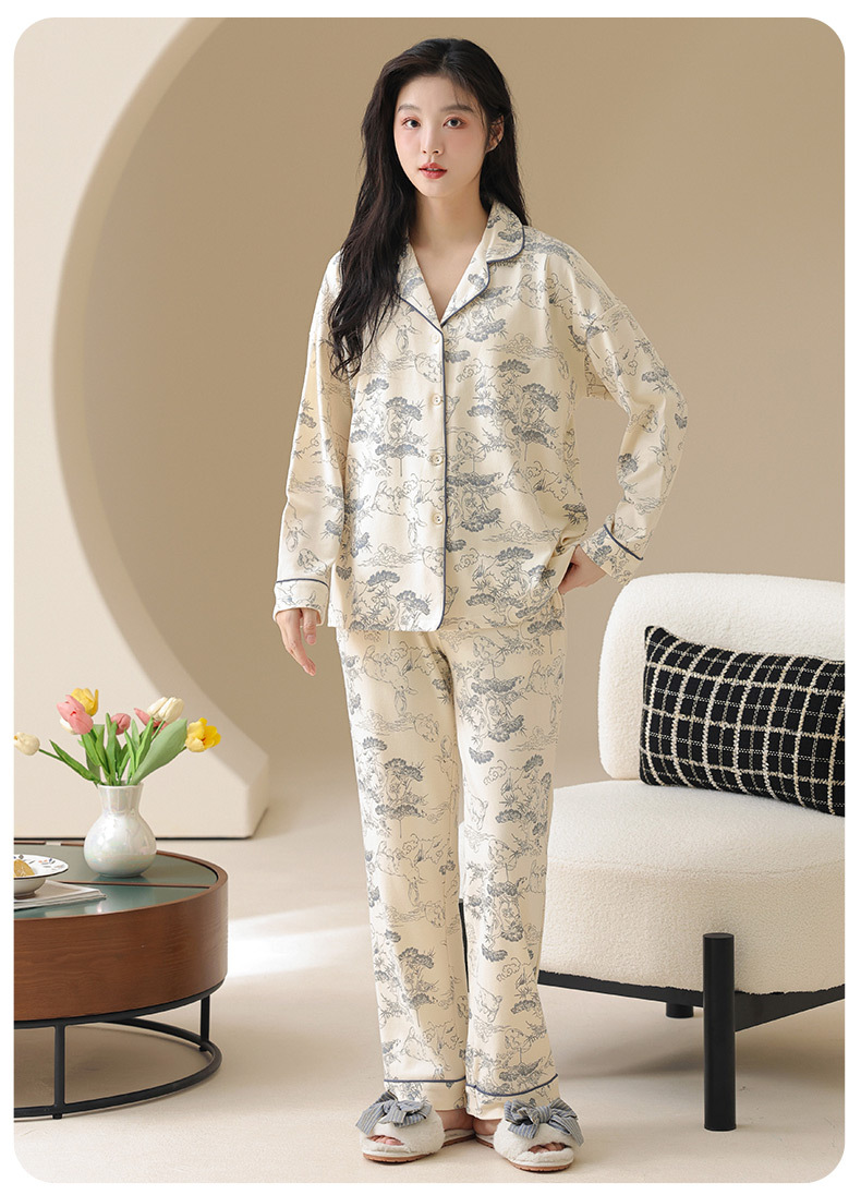 A类抗菌100%纯棉睡衣女士春秋季女款长袖开衫四季可外穿家居服女详情10