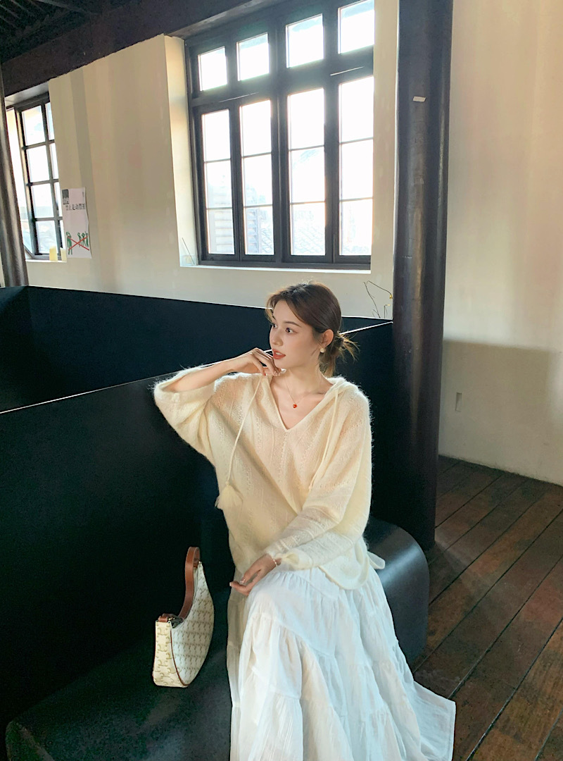 松弛感仿绵羊毛V领套头针织衫女秋季2024新款慵懒风宽松纯色上衣详情6
