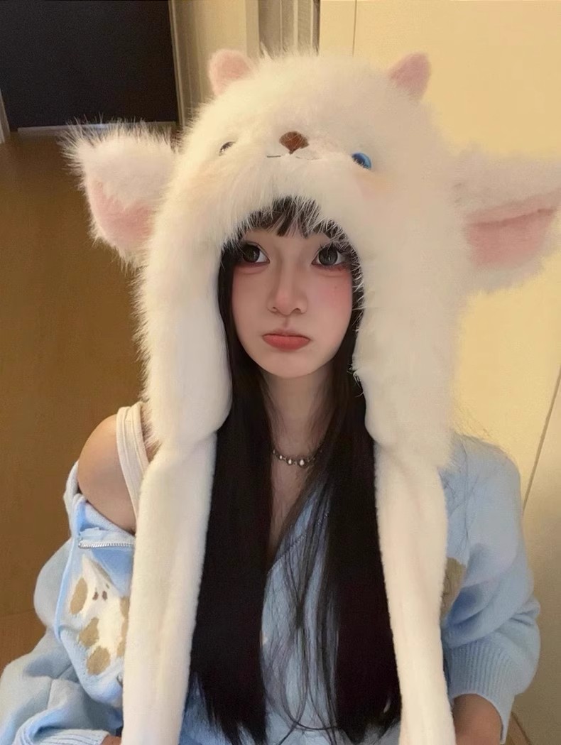 一件代发加厚毛绒绒狐狸耳朵帽子围巾一体秋冬季防寒保暖雷锋帽护颈显脸小地摊批发详情4