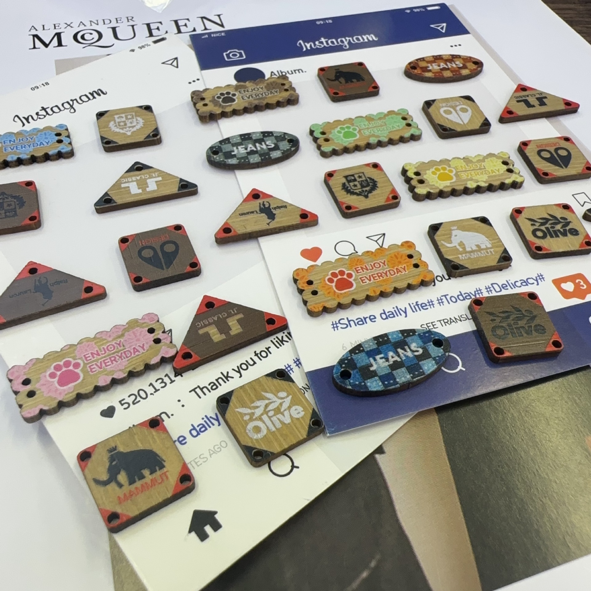 d jewelry accessories: Bamboo, wood, printed, handcrafted characters, wooden nameplates, solid wood buttons, various shapes in stock pic 18