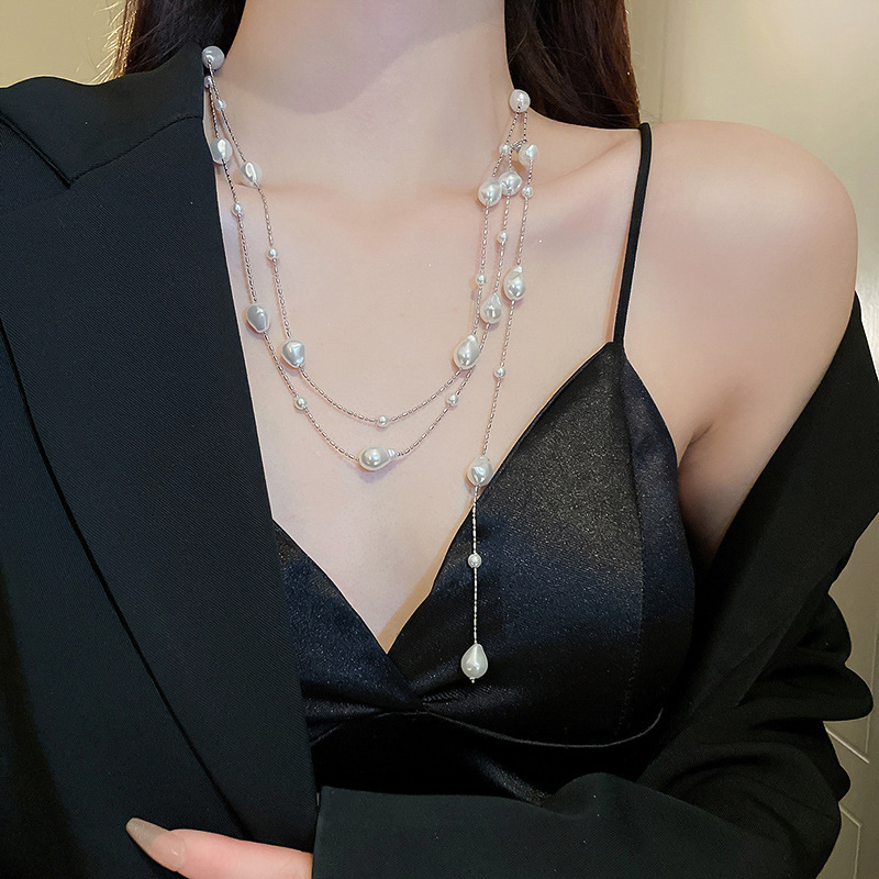 Irregular long pearl necklace, French light luxury style, sweater chain, niche simple and high-end necklace wholesale for women pic 40