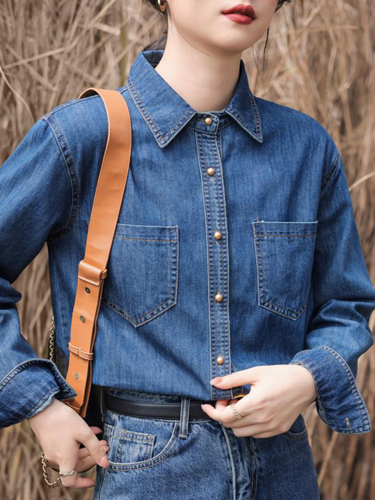 牛仔衬衫女2024春秋新款百搭蓝色韩版时尚休闲宽松翻领大码衬衣详情8