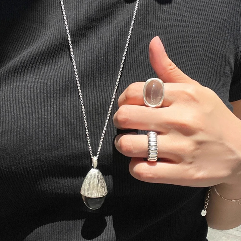 新款白水晶松果项链铜镀银冷淡风小众925银针耳钉个性戒指食指戒详情4