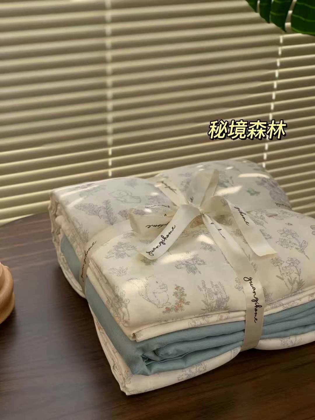 A set of three or four pieces with fresh small floral print double-layer yarn, pure cotton soft naked sleeping quilt cover and cartoon bedding pic 59