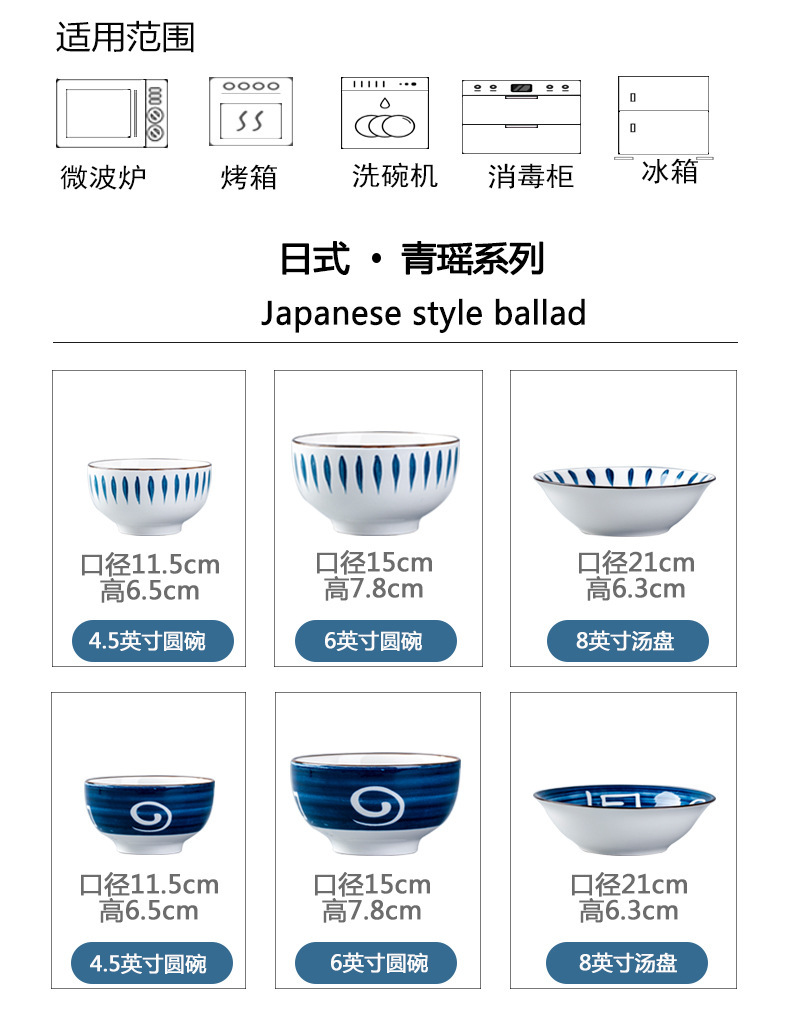 Wholesale of Japanese tableware, underglaze colored bowls, plates and saucers, household Jingdezhen ceramic rice bowls, noodle bowls, soup bowls, fish plates and vegetable plates pic 4