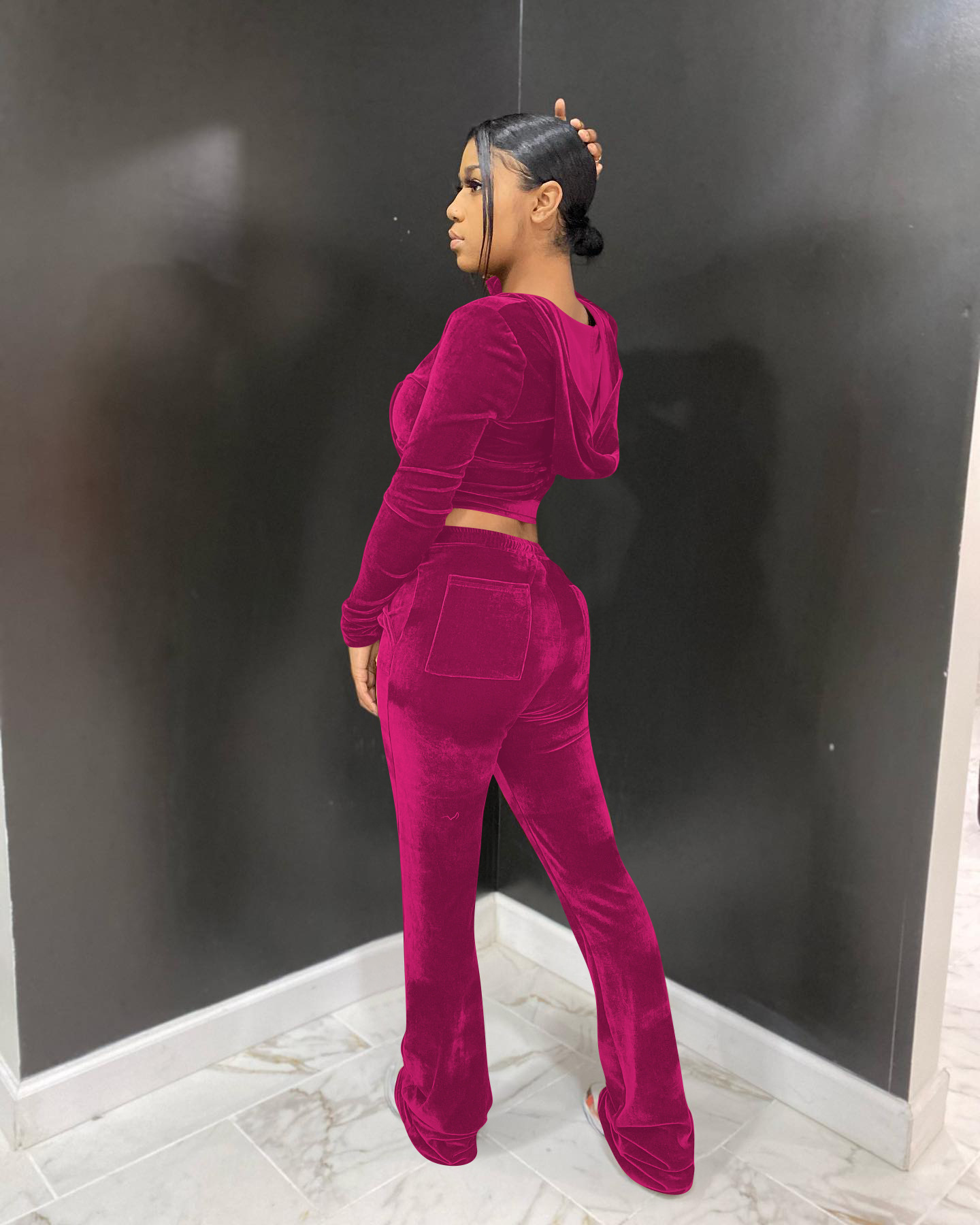 Solid color gold velvet wide-leg pants two-piece set pic 107