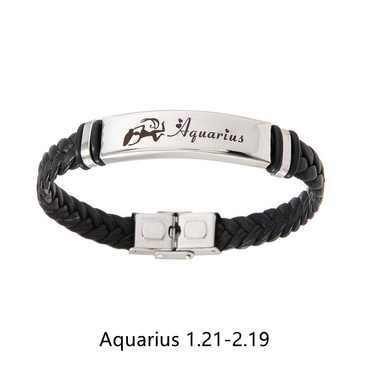 TEMU European and American cross-border personalized 12 zodiac leather woven stainless steel bracelet, elegant black accessory bracelet pic 3