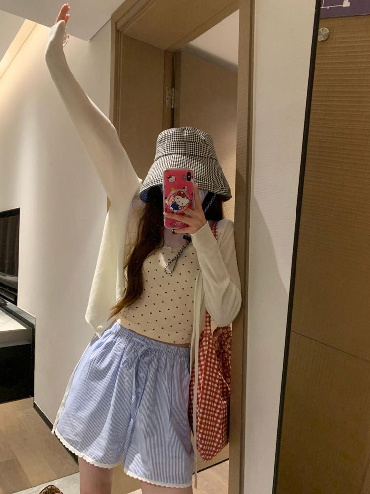 美式蓝色条纹休闲短裤女夏季高腰抽绳透气速干甜辣运动阔腿沙滩裤详情5