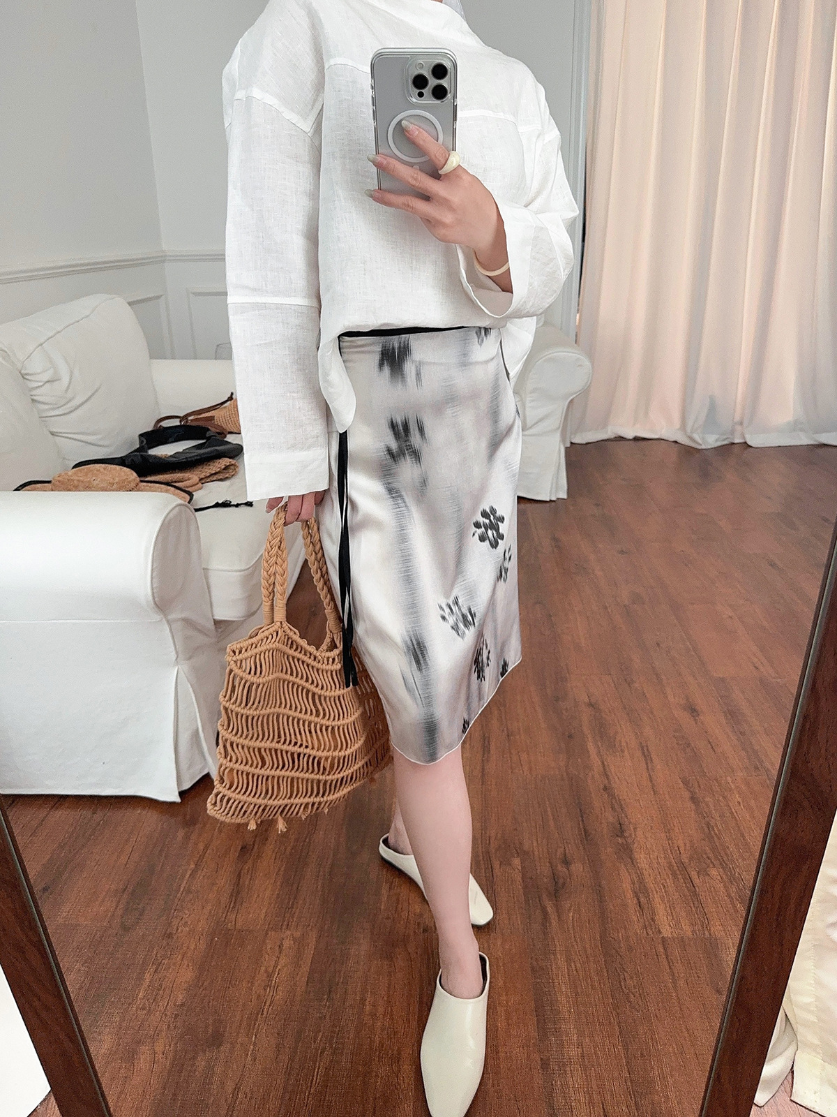 MD25女装新中式优雅晕染印花系结腰身过膝裙半身裙 05217897403详情19
