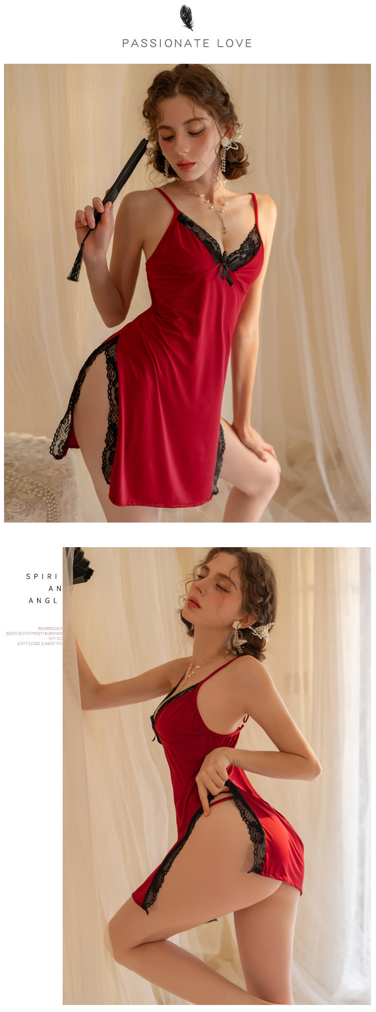 雅尼纺YANNI情趣睡衣女开叉深V领吊带睡裙蕾丝花边高级感纯欲风露背内衣E111详情7
