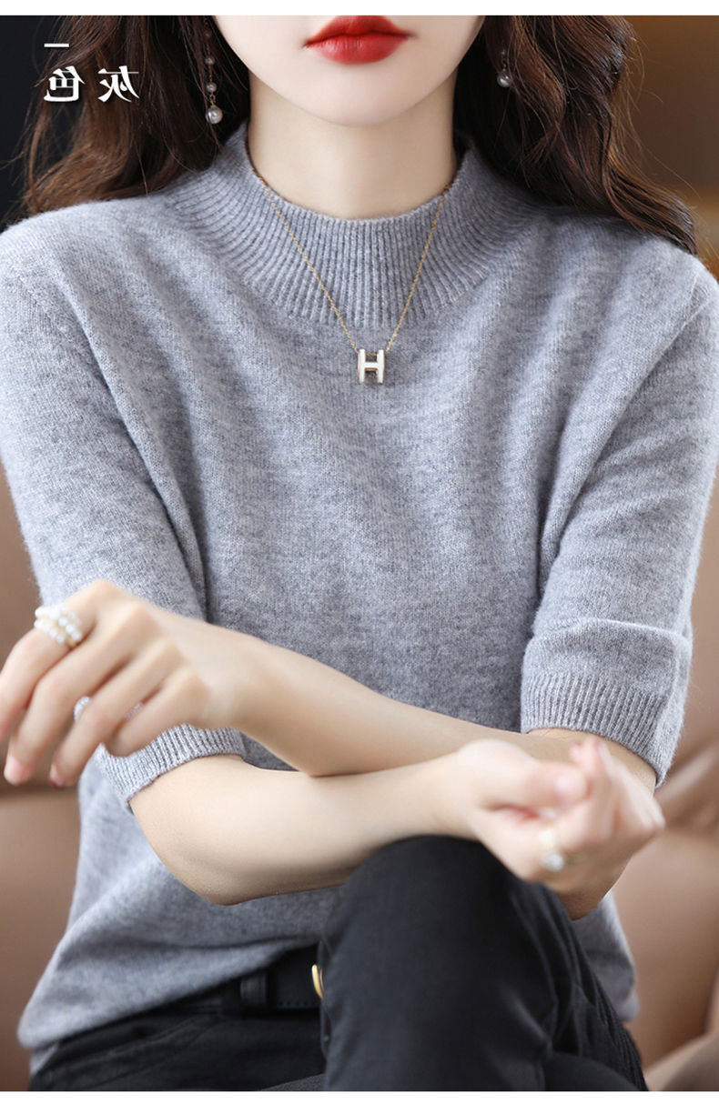 A semi-high-neck casual knitted sweater for women in spring 2023, in a solid color, paired with a half-sleeved base layer sweater T-shirt pic 38