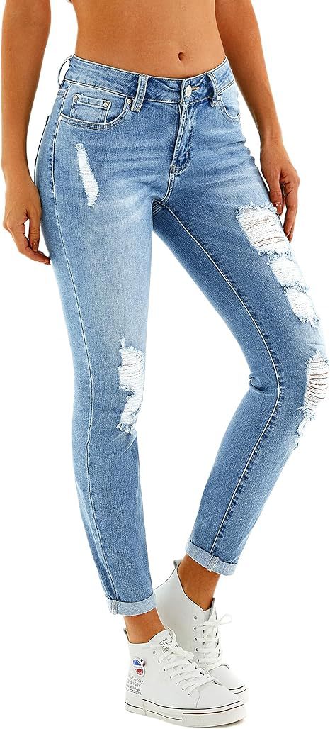 2025 New Amazon cross-border European and American fashion low-waisted stretch small-footed ripped denim long pants for women in stock pic 5