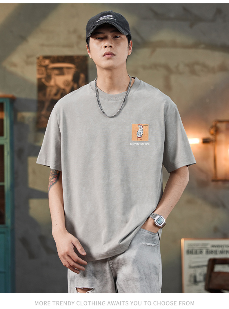 ALLIN 卡通印花短袖T恤男夏季美式重磅宽松百搭圆领五分半袖上衣详情18