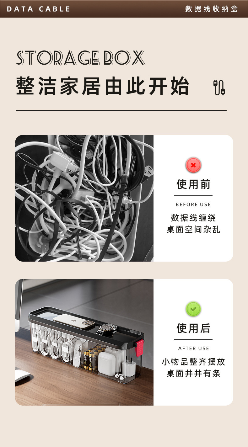 Data cable storage box, desktop charger, mobile phone power cord organizing wonder, acrylic dust-proof cable organizer with cover pic 3