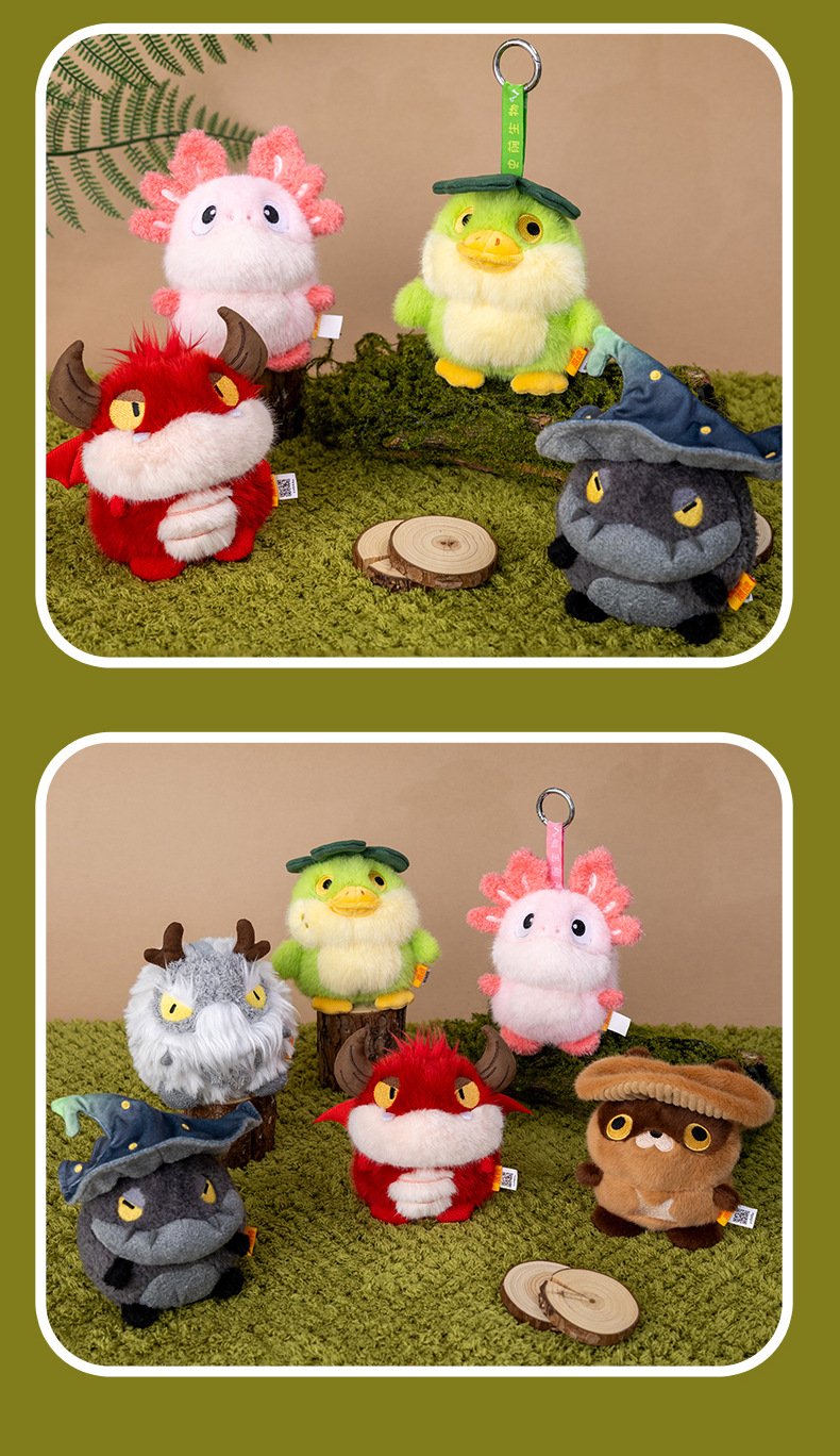 A grey totoro wearing a wizard hat and a red horned dragon plush toy AI star Man AI toy pic 12