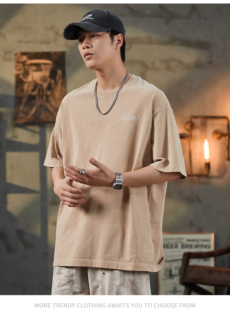 ALLIN pure cotton heavy-duty short-sleeved T-shirt for men, a summer trendy brand with three-dimensional printed letters and loose round-neck couple tops pic 29