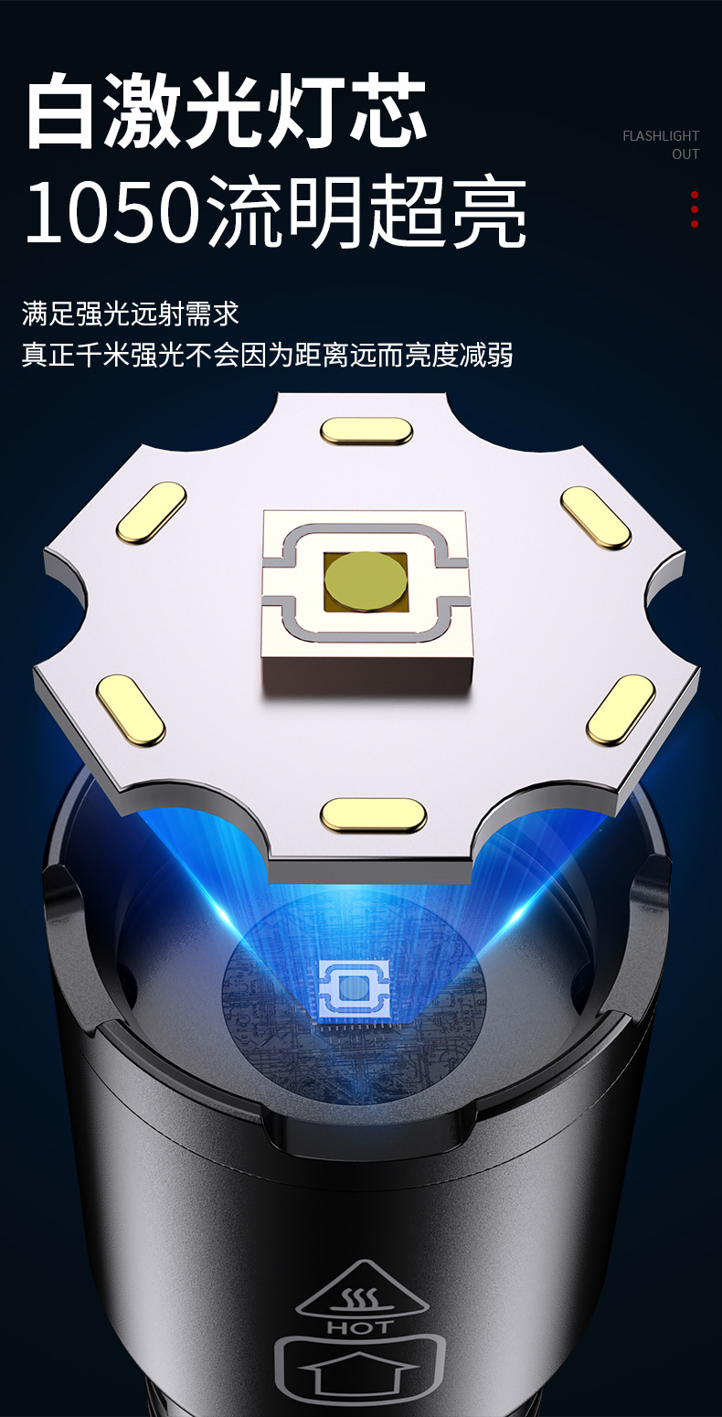 跨境新款户外手电筒强光聚光炮十万流明数显白激光手电筒充电便携详情7