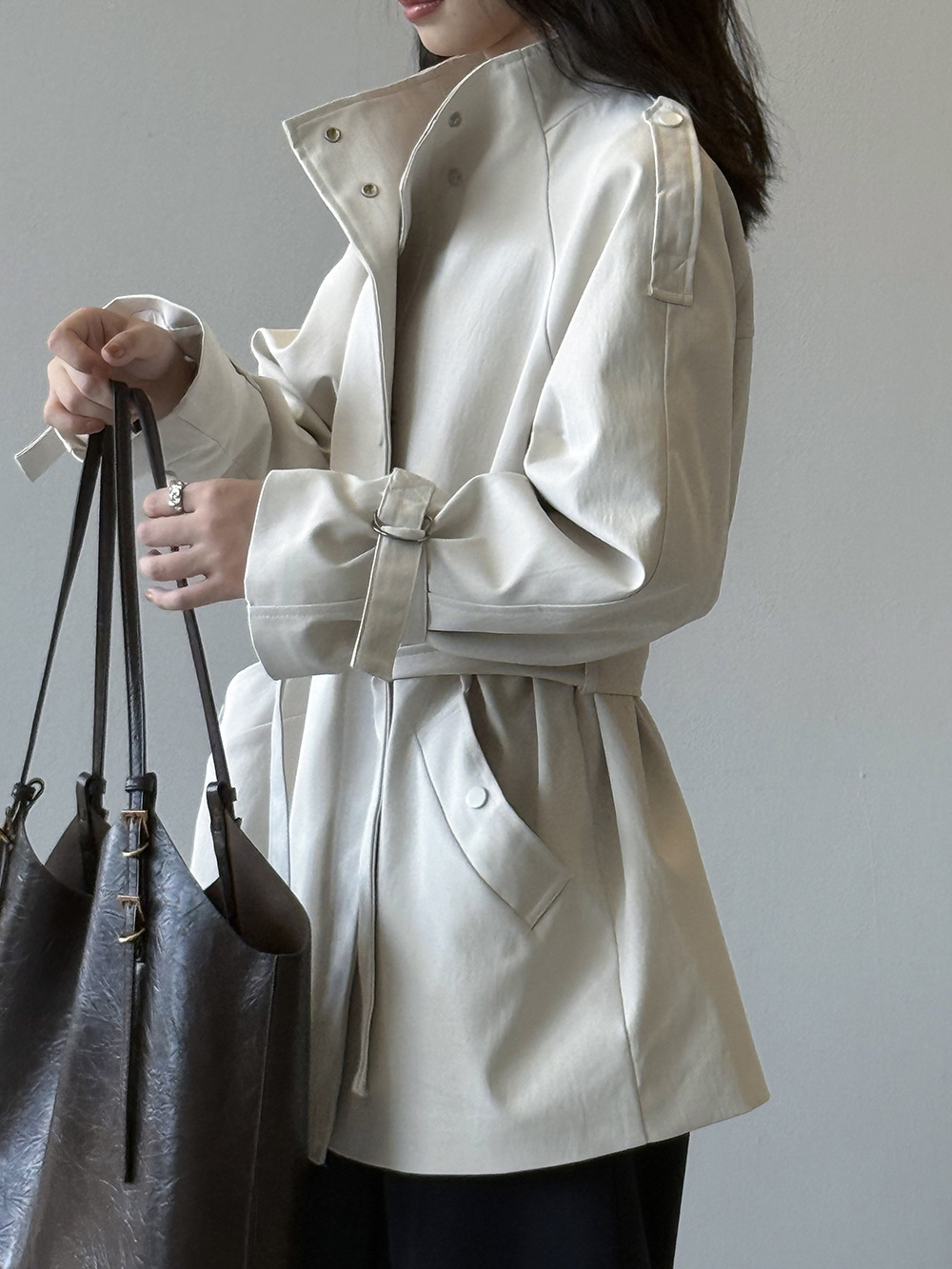 Yan Shuang British-style stand-up collar trench coat for women, autumn loose, casual, lace-up, waist-cinching short style 82585 pic 19