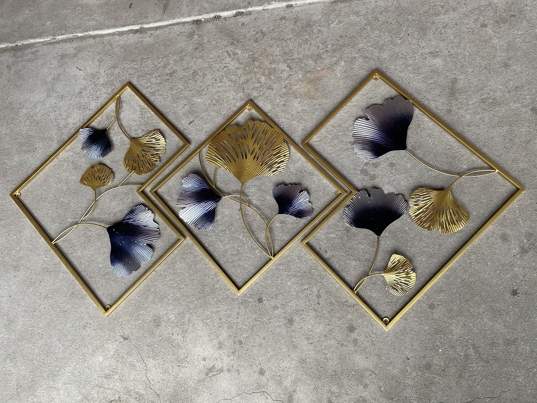 现代简约铁艺金属墙面挂画立体三联组合壁挂跨境热销装饰品银杏叶详情7