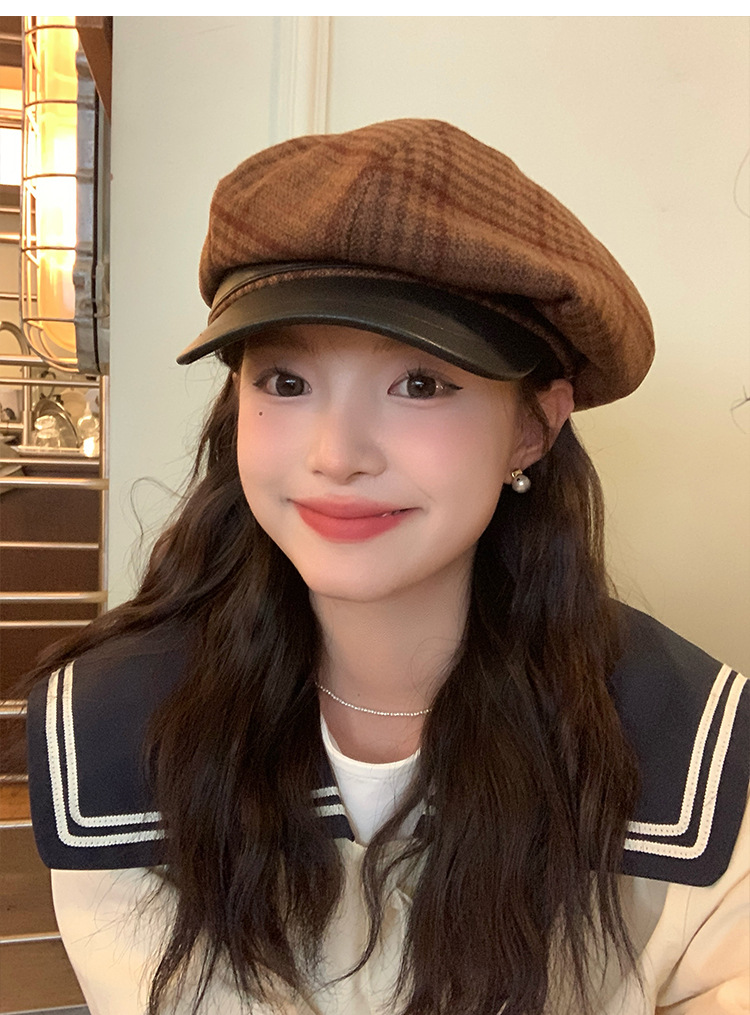 Cool and elegant checkered retro British octagonal newsboy hat for women 2024 new style face-enhancing small beret pic 17