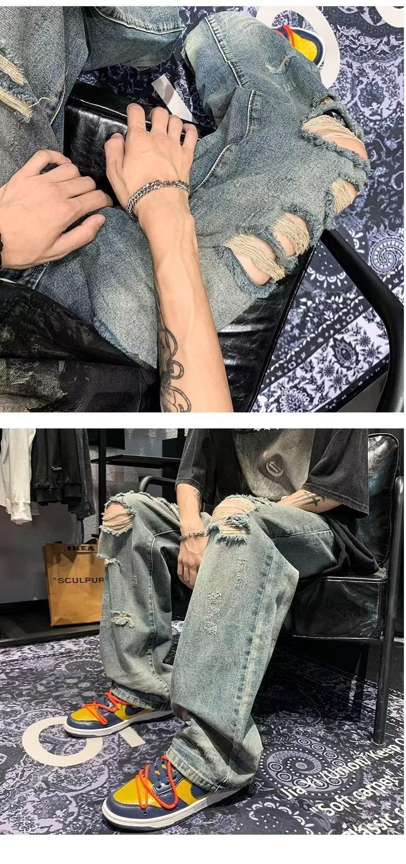 刮烂做旧水洗春秋季时尚青少年高街ins乞丐裤男牛仔裤宽松阔腿裤详情4