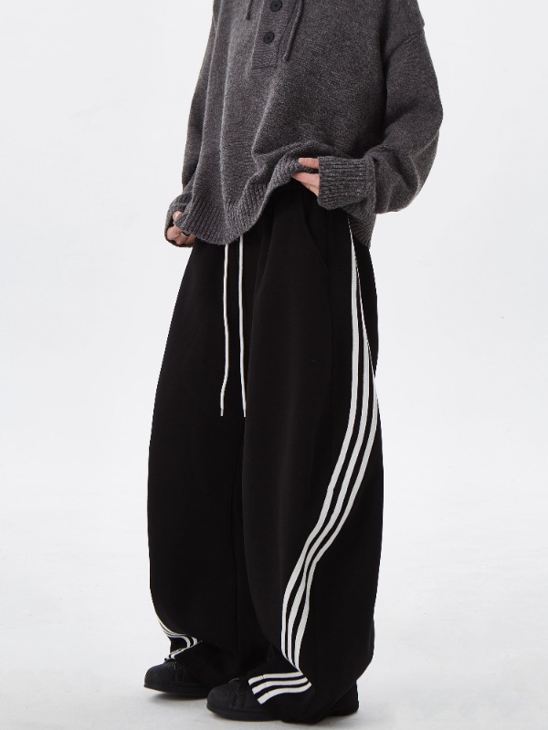 美式街头条纹撞色阔腿裤卫裤男女复古松紧抽绳垂感休闲运动裤详情7