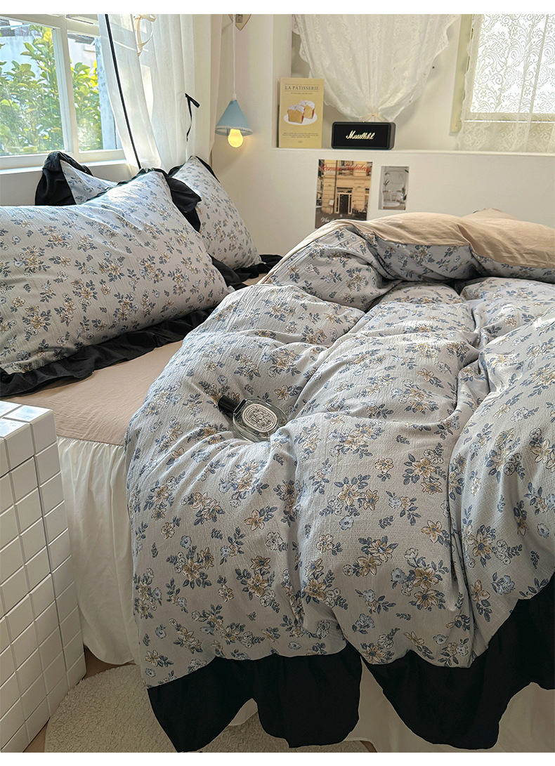 French romantic princess-style lace washed cotton four-piece set, small floral skin-friendly quilt cover, dormitory three-piece set, bed skirt style pic 30