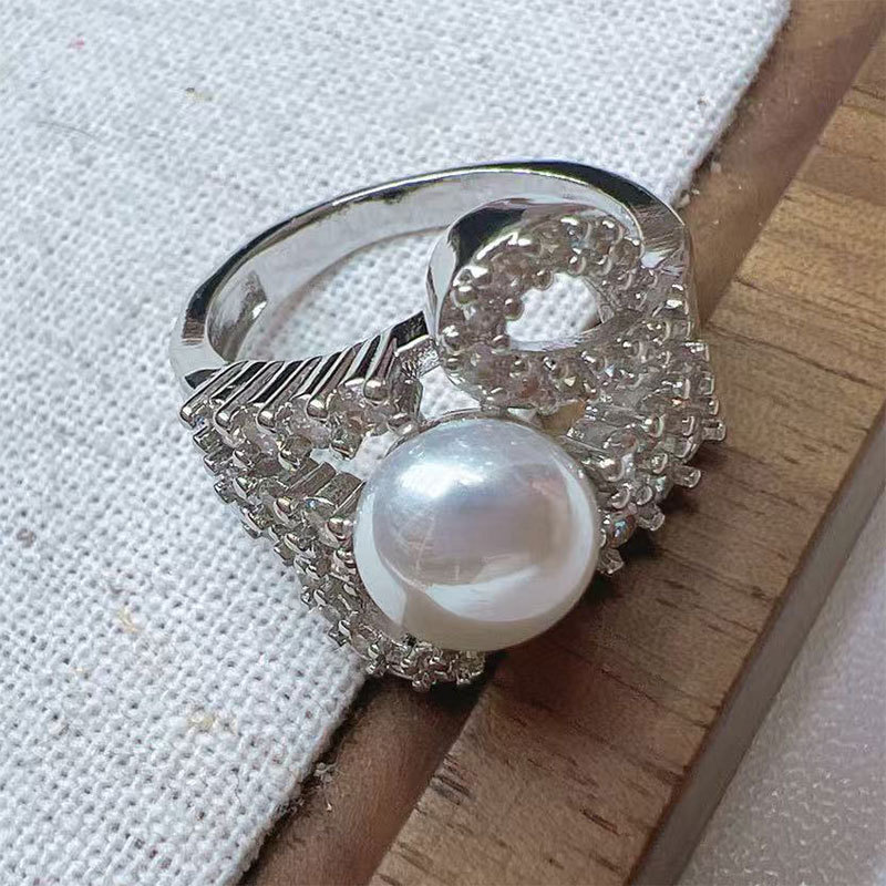 Korean high-end pearl ring, light luxury and niche design, geometric diamond-encrusted round bead, cold style open ring for women pic 5