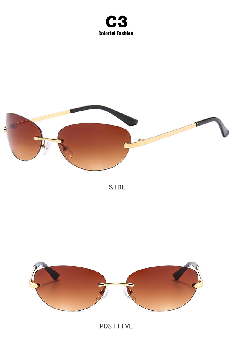Retro frameless oval sunglasses, Y2K metal ins sunglasses, hot girl sunglasses, pose for street style, futuristic style pic 10